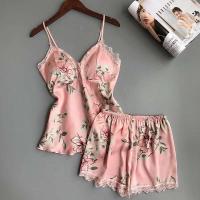 Ropa de seda satinada para mujer, bata Ence Home, alfombrilla para el pecho, pijama, rosa, blanco, 3 piezas - details 1