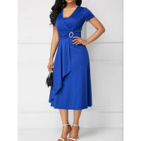 Elegante fiesta midi para mujer en color liso con cuello en V y cintura definida, vestido de noche asimétrico de manga corta - details 7