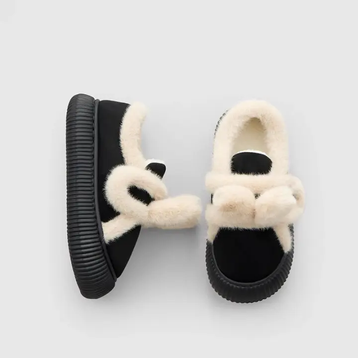 Zapatos de casa de algodón con orejas de conejo de peluche para niña, interior de algodón cálido, fregona de algodón - 1
