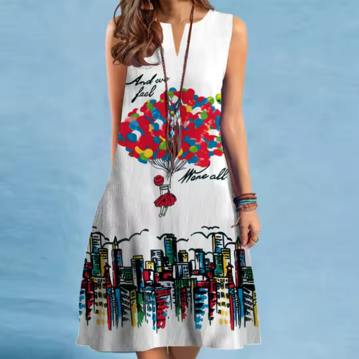 Vestido midi con estampado de péndulo sin mangas con cuello en V - 1