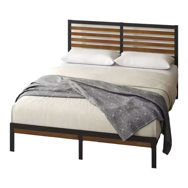 Cama 150x190 cm Altura 23cm plataforma bambú y metal con cabecero y soporte listones acero Marrón y negro - 1