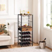 Estantería para Vinos de 6 Niveles con Cajón y Ganchos, Botellero para 16 Botellas con Portacopas y Estantes, Organizador de Botellas de Vino, Vintage y Negro EBF10JJ01 - details 3
