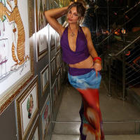 BUNO-Conjunto de 2 piezas de retazos de malla de gato extraño para mujer, Tops cortos con cuello Halter y faldas coloridas, trajes de fiesta en la playa a la moda para vacaciones - details 4