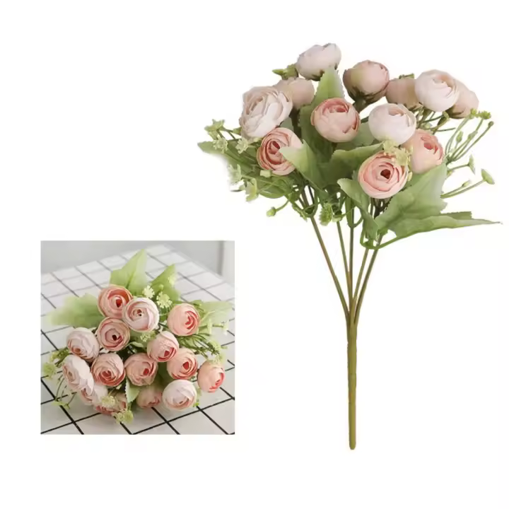 Regalos Ramo de rosas artificiales de 15 cabezas, flores artificiales Retro Vintage, paquete de rosas de tela de seda, decoración del hogar - 1