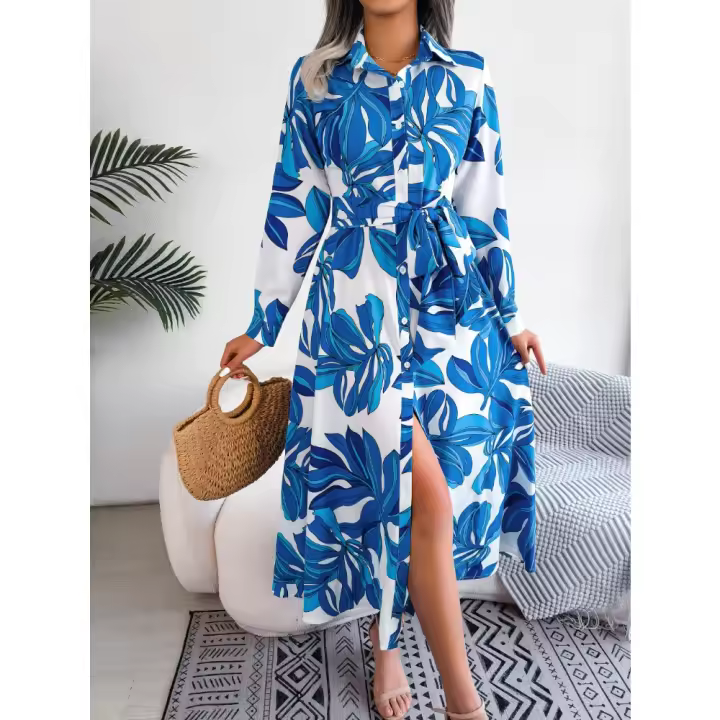 Vestido de verano bohemio de playa, manga larga, cuello en V, floral, abertura lateral, ligero y de tela suave. - 1