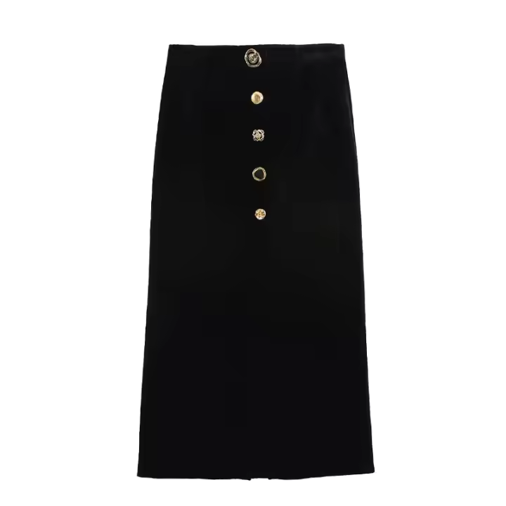 TRAFZA-faldas largas con botones de cintura alta para mujer, Falda con cremallera decorativa de un solo pecho, color negro, a la moda, para otoño, 2025 - 1