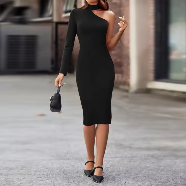 Vestido de mujer de estilo intelectual frío medio cuello alto hombros abiertos, vestido mediano y largo - 1