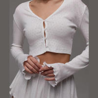 BUNO-Conjunto informal de 2 piezas de gato extraño para mujer, Tops cortos de manga larga con una botonadura y volantes, Mini traje corto sencillo y fino, tendencia de otoño - details 1