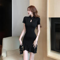 Diseño único con sensación de lujo, cheongsam mejorado, pequeño temperamento francés negro, corte ajustado, vestido envuelto en las nalgas, - details 11