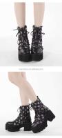Dropshipping Logo lona negra tacón grueso gótico talla grande con cordones cremallera lateral para mujer, botines - details 7