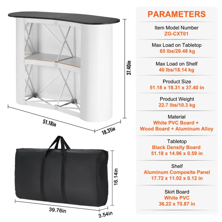 SucceBuy Mesa portátil para podio de feria comercial, mostrador de exposición plegable con estante de almacenamiento y bolsa de transporte para venta al por menor y promociones - 1