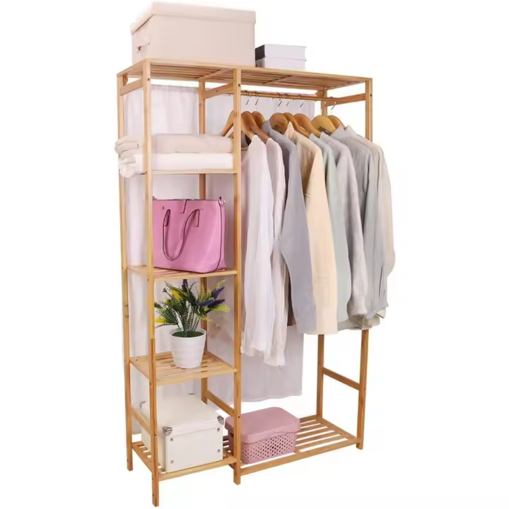 Perchero Burro de Bambú Armario Abierto con Cortina Barra y Estantes de Almacenamiento Perchero de Pie para Ropa Zapatos Canastas para Dormitorio Salon, 90 x 30 x 147 cm - 1