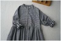Vestido literario de primavera y otoño, cómodo, de algodón de doble capa, con cuello levantado, de manga larga, holgadas de cuadros - details 1