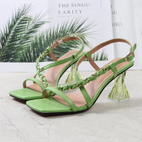 Sandalias de mujer de talla grande, color sólido, estilo trenzado, tacón alto con tiras y punta cuadrada - details 17