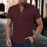 Blusa de lino para hombre, camiseta informal de manga corta con cuello Henley, talla grande, negro, blanco, gris, vino, rojo, beige - details 4