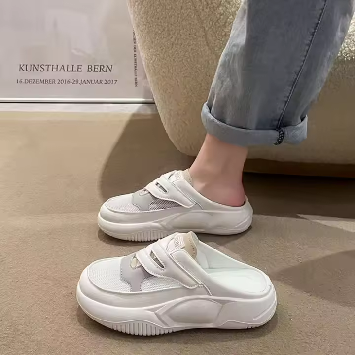 Popular] verano Baotou malla blanco zapatos de moda casual plataforma solo zapatos perezoso un pedal zapatillas de las mujeres desgaste exterior - 1