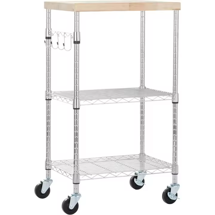 Carrito con Ruedas para microondas de 3 Niveles, 53,34cm x 38,1cm x 93,22cm (LxWxH), Madera/Cromado, 2 baldas - 1