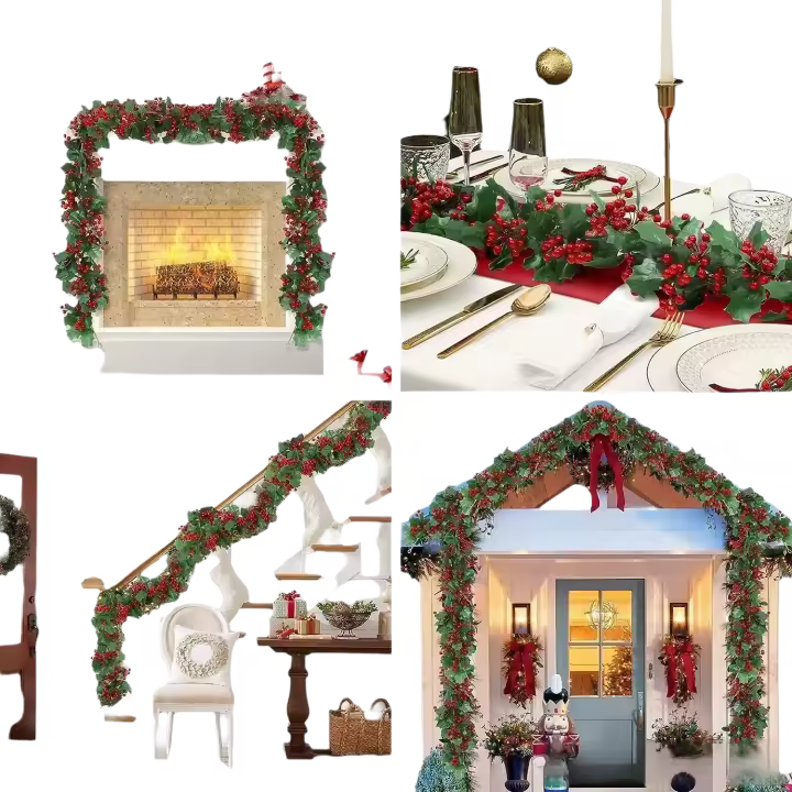 Corona Navideña Con Bayas Rojas Y Hojas Verdes Guirnalda Colgante De Flores Artificiales Para Decoración De Navidad Y Año Nuevo - 1