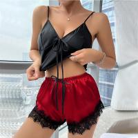 Pijama de verano fino sin mangas y espalda descubierta, conjunto de tirantes con pantalones cortos con cordones y encaje de seda helada, conjunto de dos piezas para estar en casa - details 2