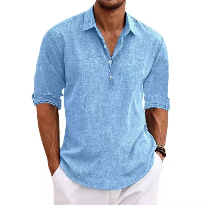 MOV-Camisa de Color sólido de gran tamaño para hombre, camisa informal de manga larga con solapa de lino para hombre - 1