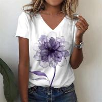 Camiseta de Manga Corta con Cuello en V Moda Blanca para Mujeres Estampado 3D de Lavanda - details 19