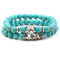 KMVEXO 2 unids/set Color plata Cabeza de Buda Lava esqueleto turquesas cuentas de piedra Natural para Mujeres Hombres pulsera conjunto brazaletes con dijes - details 6