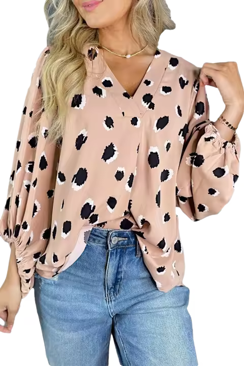 Elrachen Blusa de manga pulsera con cuello en V de leopardo para mujer, caqui, tallas S-XL - 1