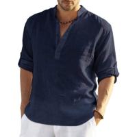Padola-Camiseta de lino para hombre, camisa holgada de manga larga, lisa, ajuste Regular, transpirable, informal, Henley, Verano - details 4