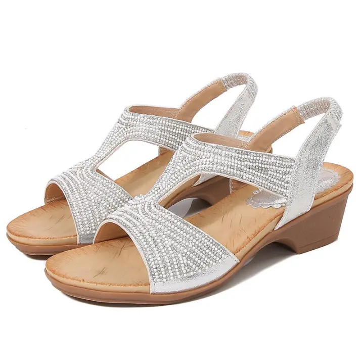 Sandalia 2025 Nuevas sandalias de moda con diamantes de agua Zapatos de mujer con tacón inclinado y parte inferior gruesa - 1