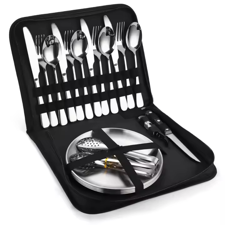 Cubiertos y Cucharas de Acero Inoxidable, Juego de Cubiertos Portátiles Dorados para acampar al Aire Libre, Plato para Barbacoa - 1