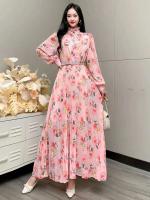 2024 nueva primavera otoño mujeres cuello con volantes manga cinturón ajustado largo dulce plisado dobladillo grande vestido de gasa ral - details 3