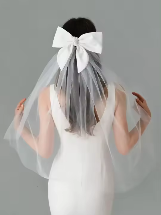 1 Uds. Tocado de boda elegante para novia, tocado blanco marfil, lazo, velo corto, decoración para la cabeza, accesorios para el cabello - 1