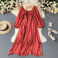 Nuevo modelo de vestido maxi elegante con cuello cuadrado para mujer, gasa lisa con mangas abullonadas, bata de fiesta en la playa, vestidos con volantes vintage - details 10