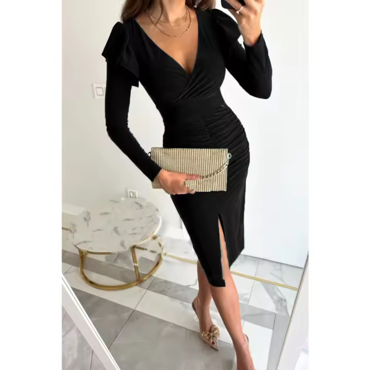 Vestido de manga larga de color sólido con abertura y cintura cerrada con temperamento y cuello en V de verano 2025 para mujer - 1
