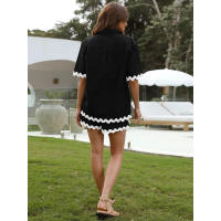 Conjunto de dos piezas de camisa de manga corta con botones y pantalones cortos holgados casuales de moda para mujer, primavera verano. - details 18