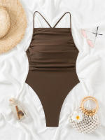 Bañador de una pieza para mujer, traje de baño liso, Monokini Sexy con tirantes, ropa de playa para verano, 2024 - details 3