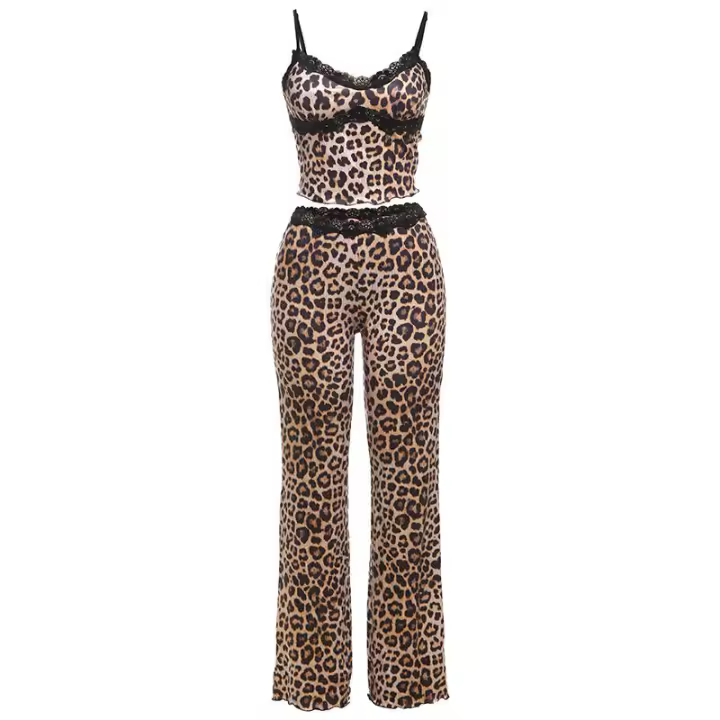 BUNO-Conjuntos de pantalones con estampado de leopardo para mujer, Tops sin mangas con cuello Halter, pantalones de pierna recta ajustados de cintura alta, ropa de calle femenina de primavera 2025 - 1