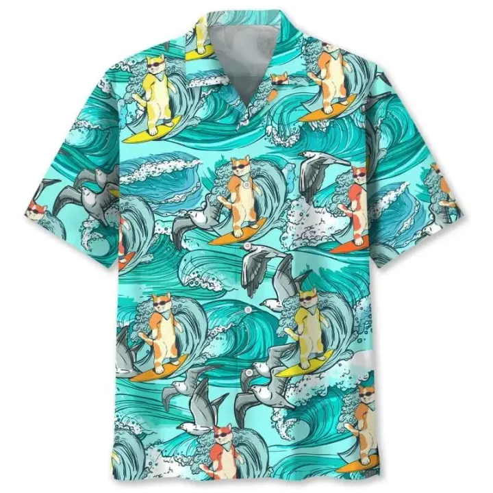 Camisa hawaiana de manga corta con estampado 3D y girasol, hermoso gato, para surfear en la playa, camisa, ropa de hombre - 1