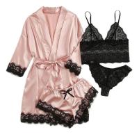 Ence Conjunto de pijama sexy para mujer, ropa interior cómoda de verano y hogar de 4 piezas con bata de satén de seda - details 0