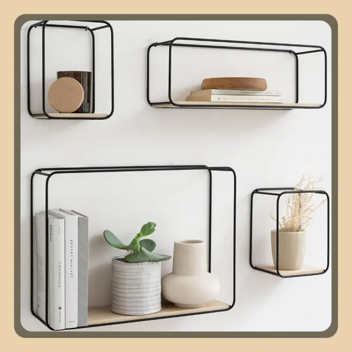 Baldas Pared de 4 Piezas de Metal y Madera Decoración de Pared, Almacenamiento y Estante para Libros para Baño, Sala de Estar, Cocina, Dormitorio - 1