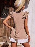Camisa casual elegante con cuello en V para mujer, parte superior lisa con ribers de oficina, mangas de hoja de loto, verano - details 11