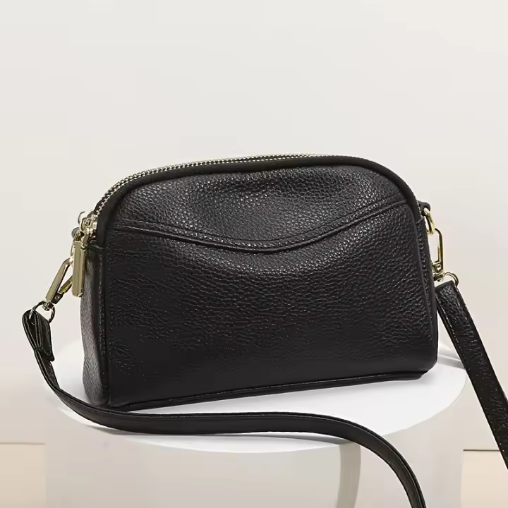Mini bolso bandolera de cuero genuino: correa de hombro desmontable, compartimentos con doble cremallera, diseño minimalista elegante - 1
