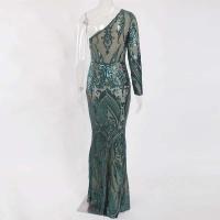 Noche retro con lentejuelas para mujer, un hombro, manga única, largo hasta el suelo, vestido de graduación elástico - details 7