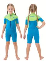 Traje de baño de una pieza de manga corta para niñas, con cremallera frontal, cómodo y elástico, para nadar en la piscina - details 0