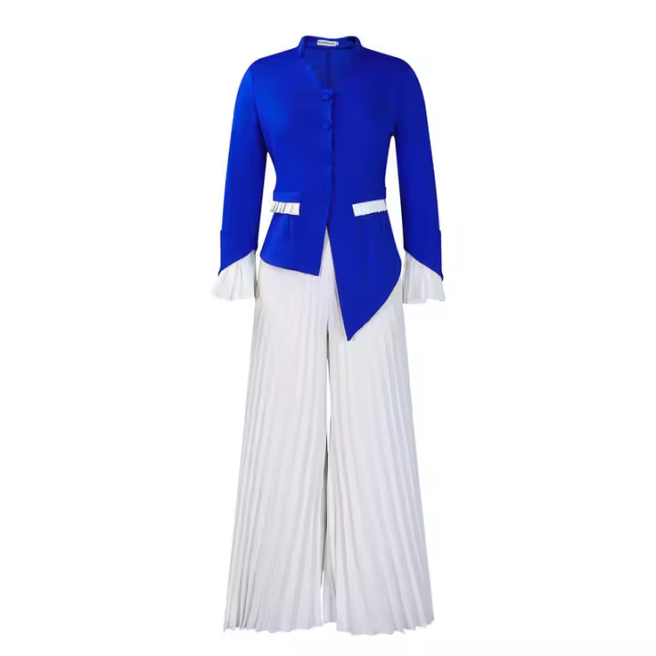 Conjunto de dos piezas de pantalón de pierna ancha plisado y top de manga acampanada de nueva moda de primavera para mujer D553 - 1