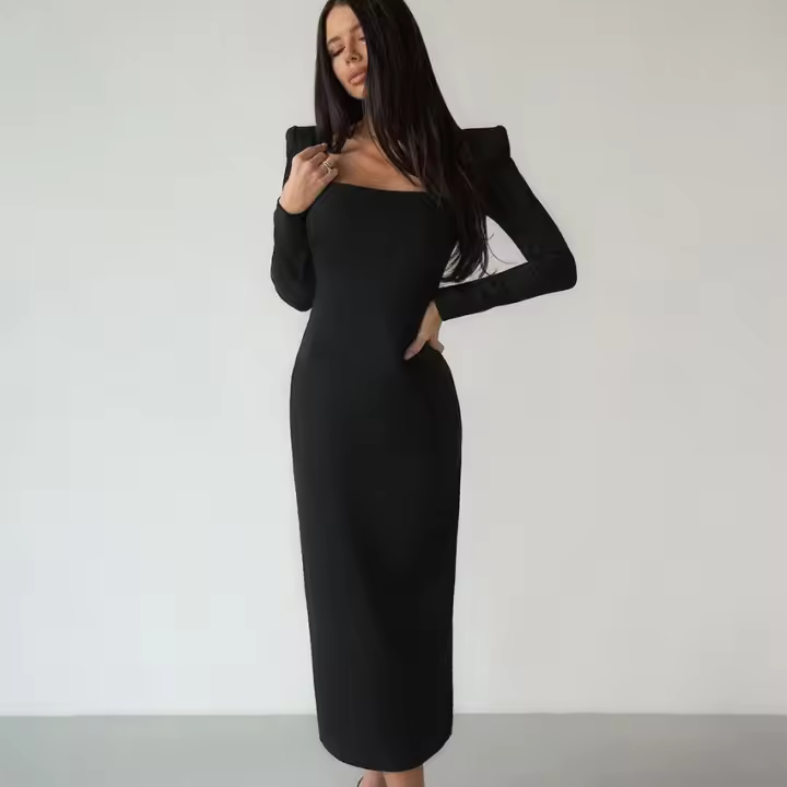 Primavera estilo francés elegante pequeño negro largo cuello cuadrado Slim Fit Bodycon diseño Dre - 1
