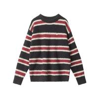 Jersey de punto de seda a rayas para mujer, manga larga, corte holgado, cuello redondo, estilo casual, logo frontal de invierno - details 3