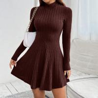 Vestidos de mujer otoño-invierno Color sólido, manga larga, cuello alto, cintura alta, doble abertura, estilo casual - details 12