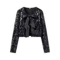 TRAFZA-Tops elegantes de otoño para mujer, blusas de manga larga con cuello redondo, lazo de lentejuelas, decoración de moda femenina, moda urbana - details 9