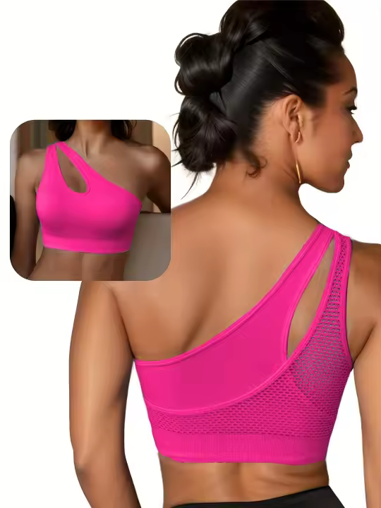 Sujetador Deportivo Cómodo para Mujer con Almohadillas Extraíbles - Sin Aros, Diseño de Un Hombro, Detalle de Malla Transpirable, Mezcla de Nylon y Elastano - 1